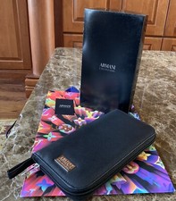 Armani Collezioni Zip Around Saffiano Travel Wristlet Wallet in Black NWT in Box