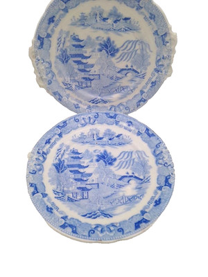 2 x Grainger & Co Worcester Blue Pagoda Eared plates Antique Mid 19th Century