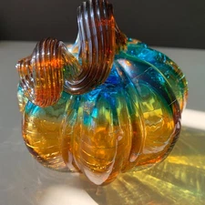 Hand Blown SWIRL CRACKLE MULTICOLOR IRIDESCENT Glass Pumpkin Table Accent Decor