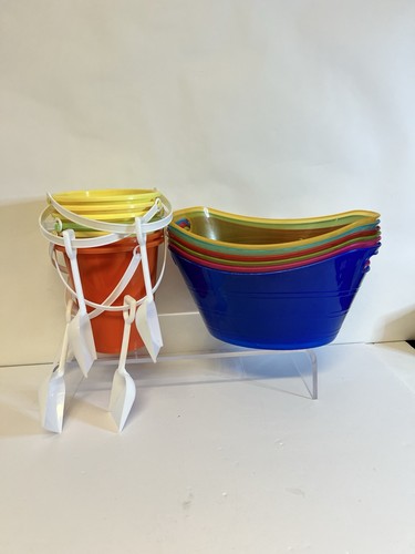 Kids Beach Sand Toy Lot Buckets Shovels Colorful Plastic Tubs Pool Summer Play