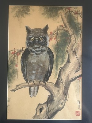 Painting on silk Depicting an Owl Signed with Chopmark Sumi-e Di Pu? Thing again
