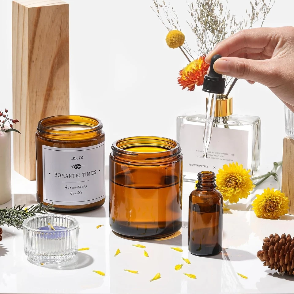 Paquete de 24 frascos de vidrio redondos ámbar grueso de 8 OZ con tapas de metal negro - vela vacía Foto 4 de 4