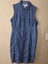 Tommy Hilfiger Collared Sleeveless Denim Dress Front Pocket Logo Size 14 Womens