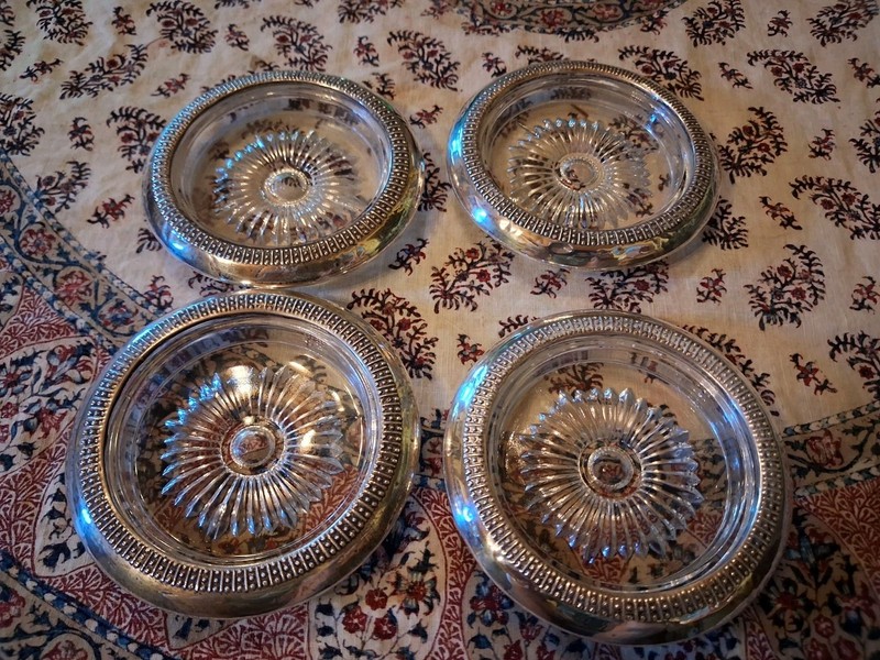 Vintage (4) SLC Sterling Silver And Crystal Glass Coasters with Beaded Rim 4"