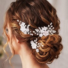 Bride Wedding Flower Hair Pins Silver Bridal Hair Pearl Hair Pieces for and G...