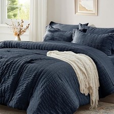 Comforter Set 7 Pieces Seersucker Bed in a Bag with Comforter, King Navy Blue