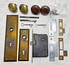 Vintage Door Hardware Mortisse Lock Brass Knobs Skeleton Keys Plates Spindles