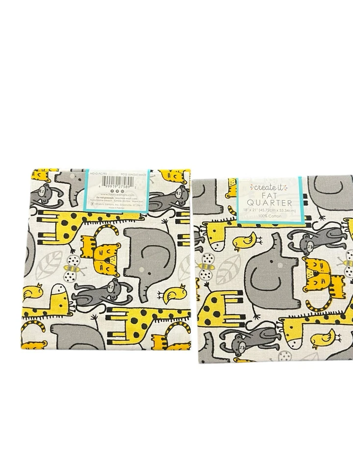 Lot Of 2 Create It Jungle Maize Fat Quarter 18x21 Fabric Animal Print Elephant - Image 3 of 4