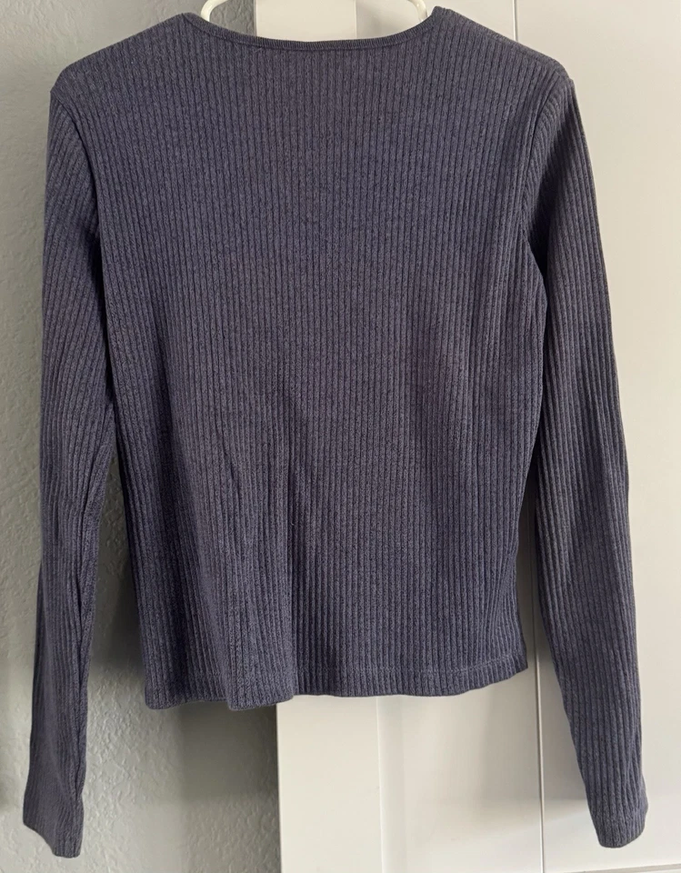 复古 Merona 海军蓝罗纹毛衣 S 纽扣圆领长袖弹力 Y2K — 第 2/3 张图片