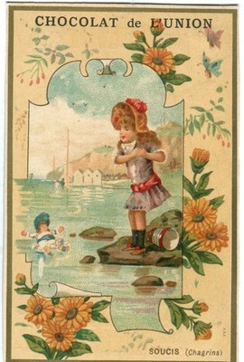 GlanzbilderOblaten scraps Litho Mädchen Scene Blumen  10,4 cm