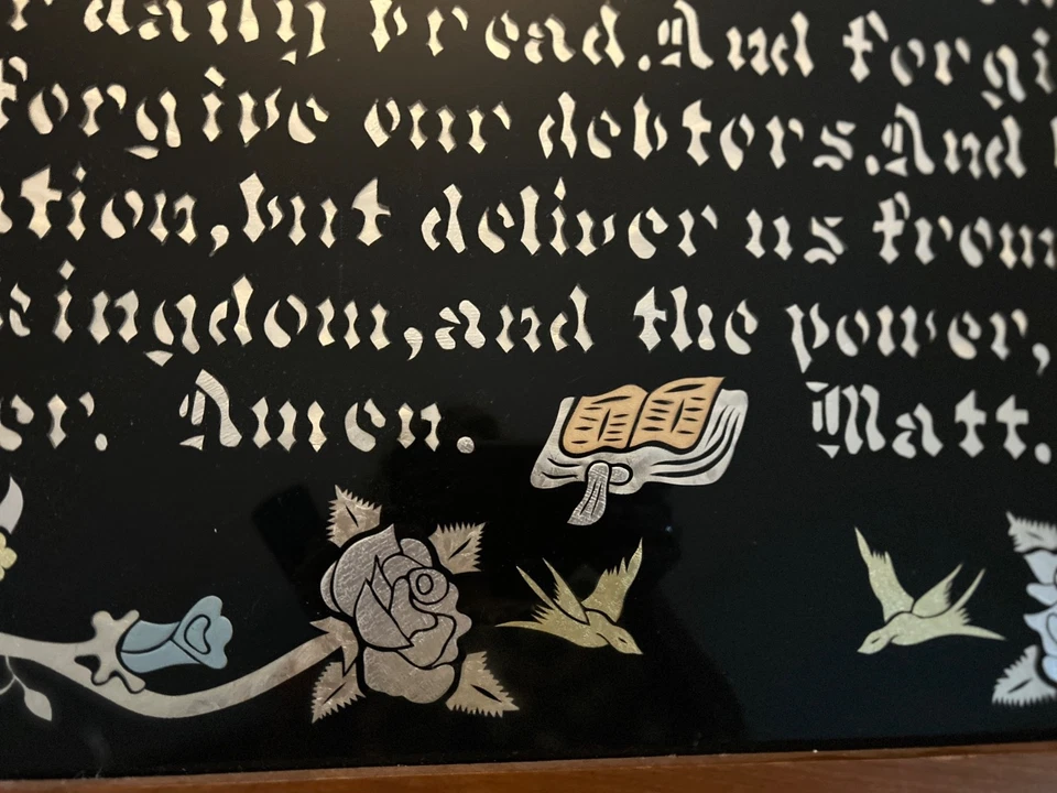 Antique Reverse Painted Glass & Foil Art The Lords Prayer Oak Framed - Image 3 of 4