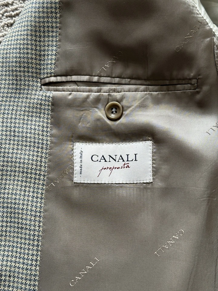 Canali Tessuto Sports Coat, 42REU 52,Silk and Cashmere Beige Houndstooth Pattern - Image 3 of 4