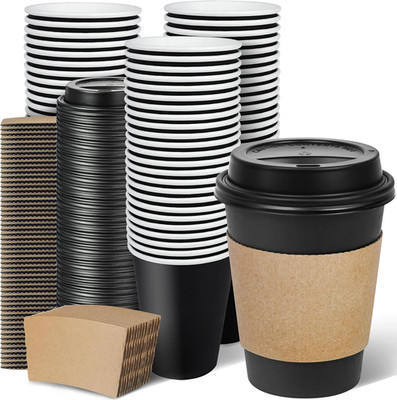 100 Pack 12 Oz Disposable Coffee Cups with Lids Sleeves To Go Hot Drink Set Blac