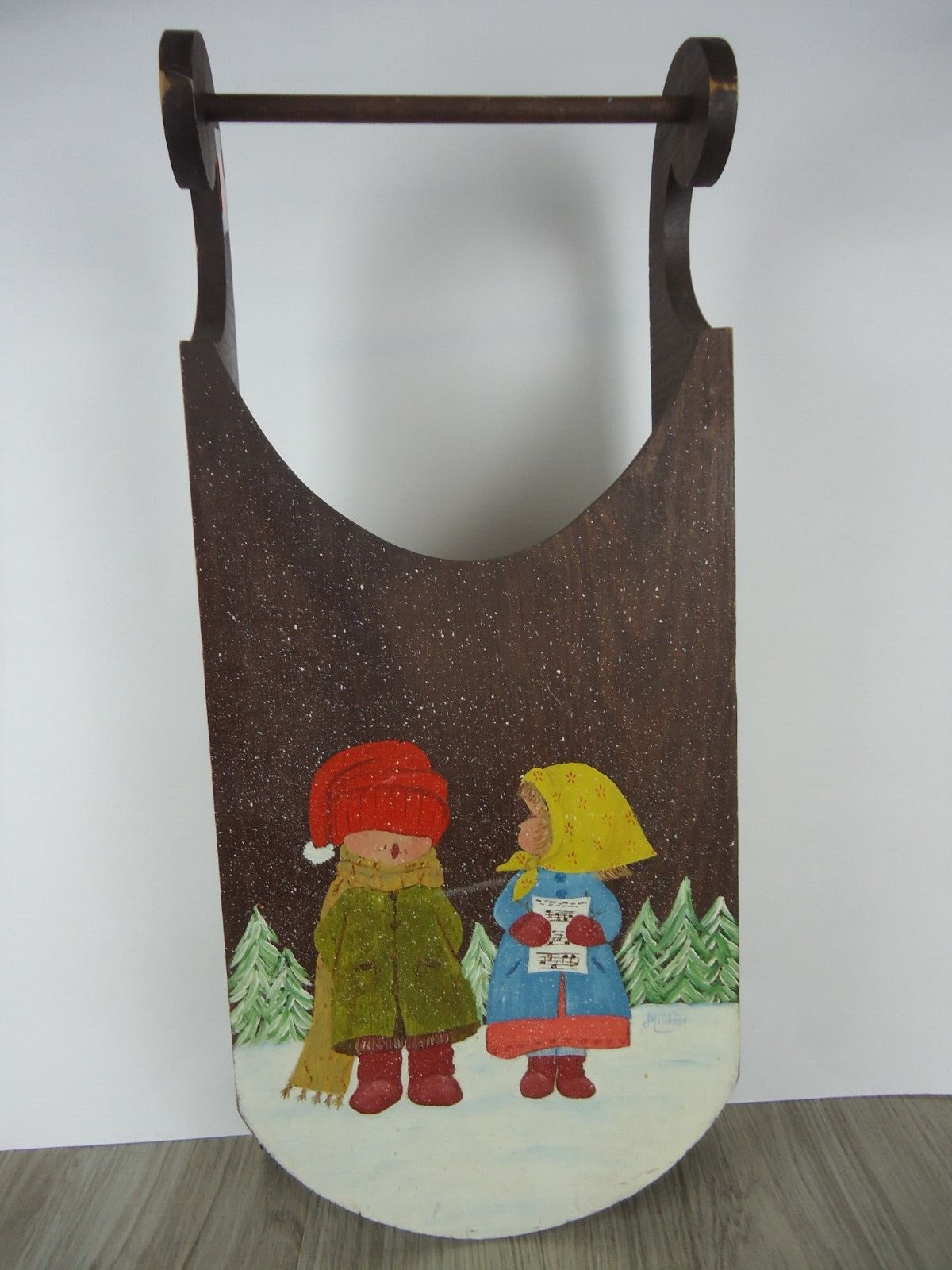 VTG Hand Painted Signed Wooden Sled Winter Decor Children Carolers Snow Trees