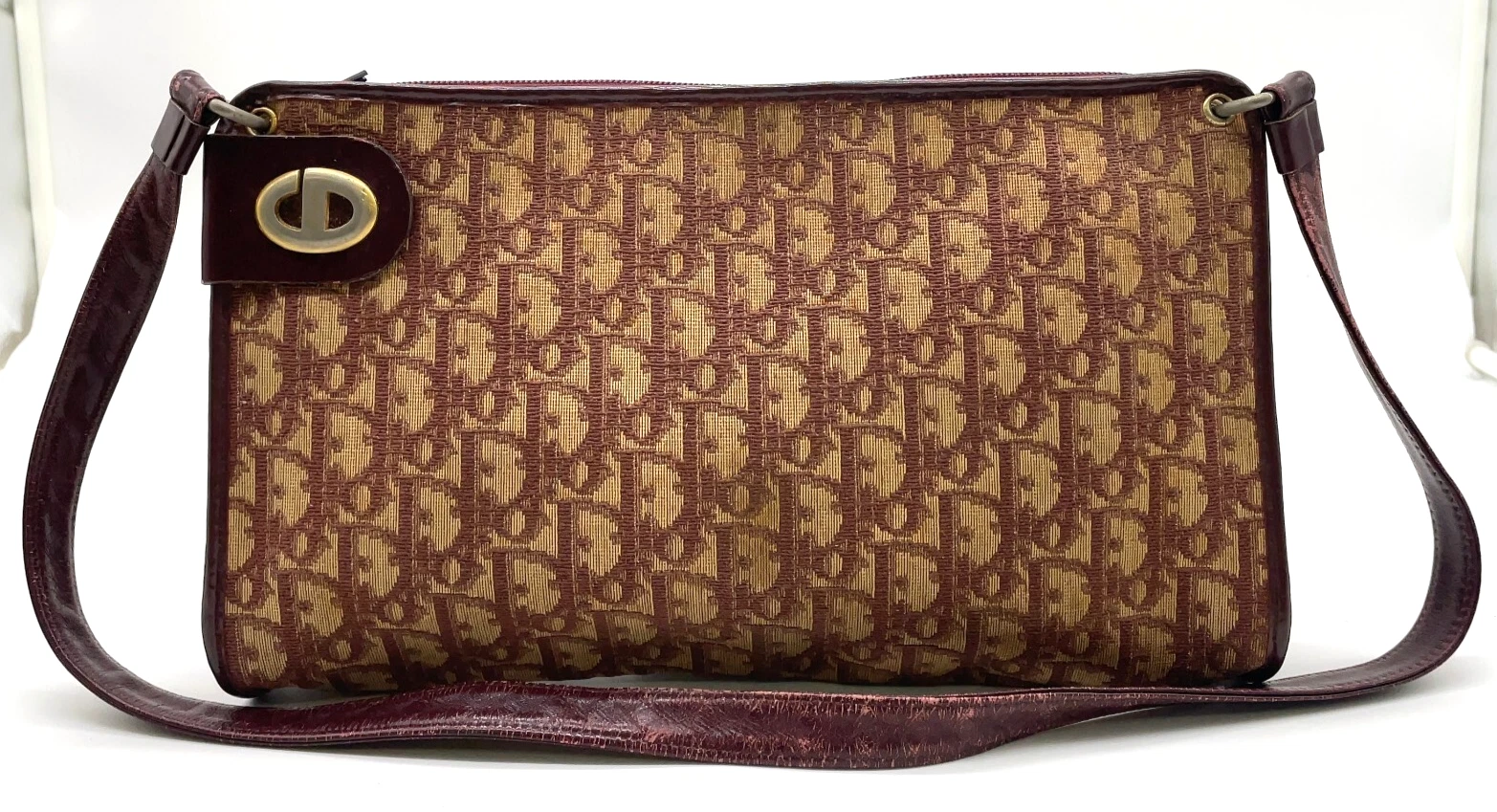 Authentique sac à bandoulière Christian Dior trotteur toile bordeaux x marron NS040069