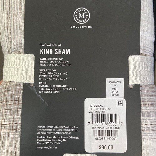 Martha Stewart Collection Tufted Plaid Quilted King Sham, 20in X 36” Grey - Picture 2 of 4