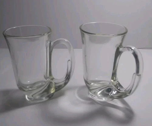 2 Vintage Tiara Hunter's Horn Mugs Stiens 12oz Clear Glass Thick Heavy 5.5"H