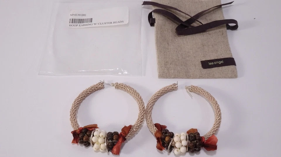 Lee Angel Women's beige Crochet Beaded Ribbon XL Hoop Earrings NWT165 - Image 2 of 4