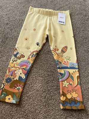 Next Girls Lemon Yellow Leggings Unicorn Star Rocket Print 2-3