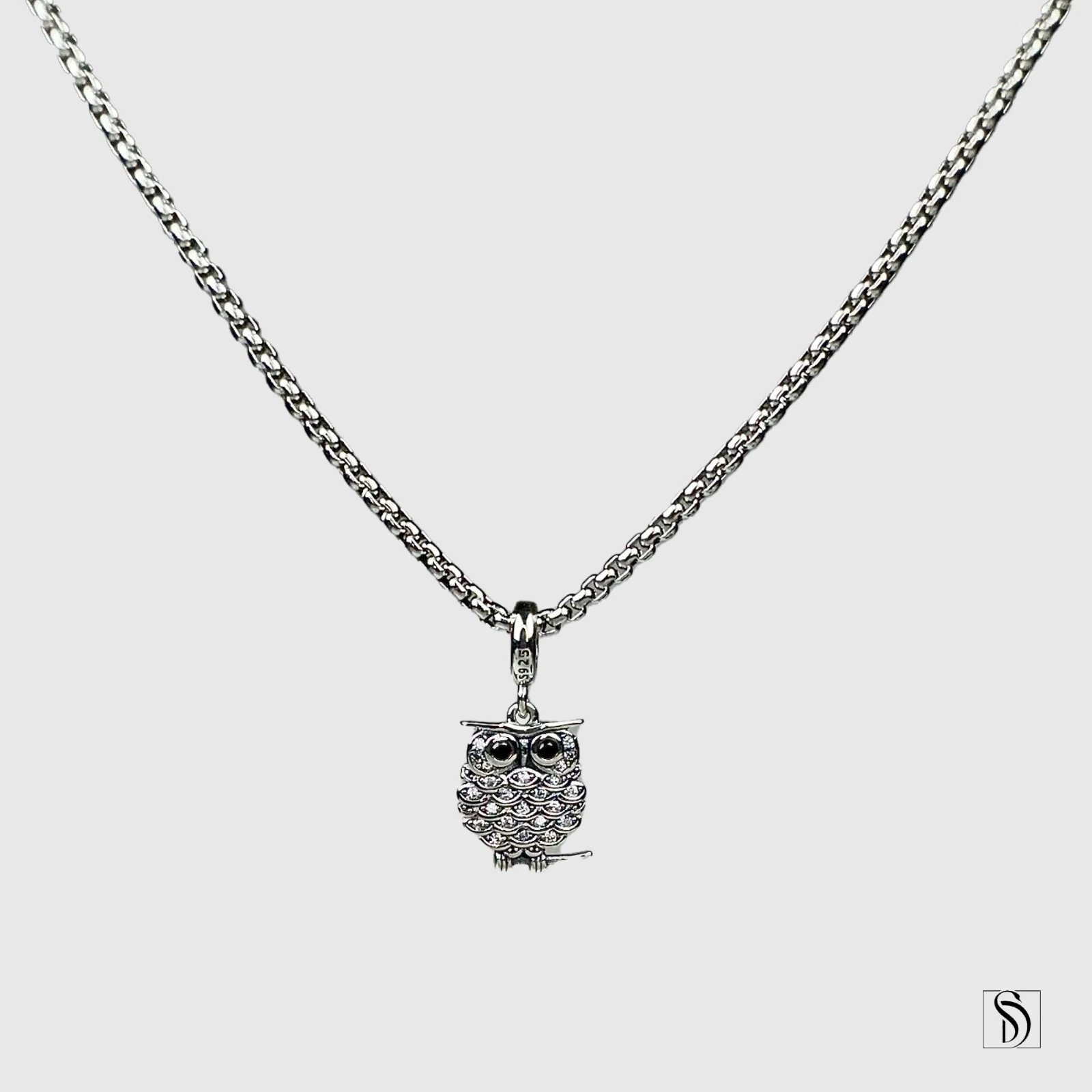 Collier pendentif pierres précieuses hibou argent, chaîne boîte premium argent sterling 925