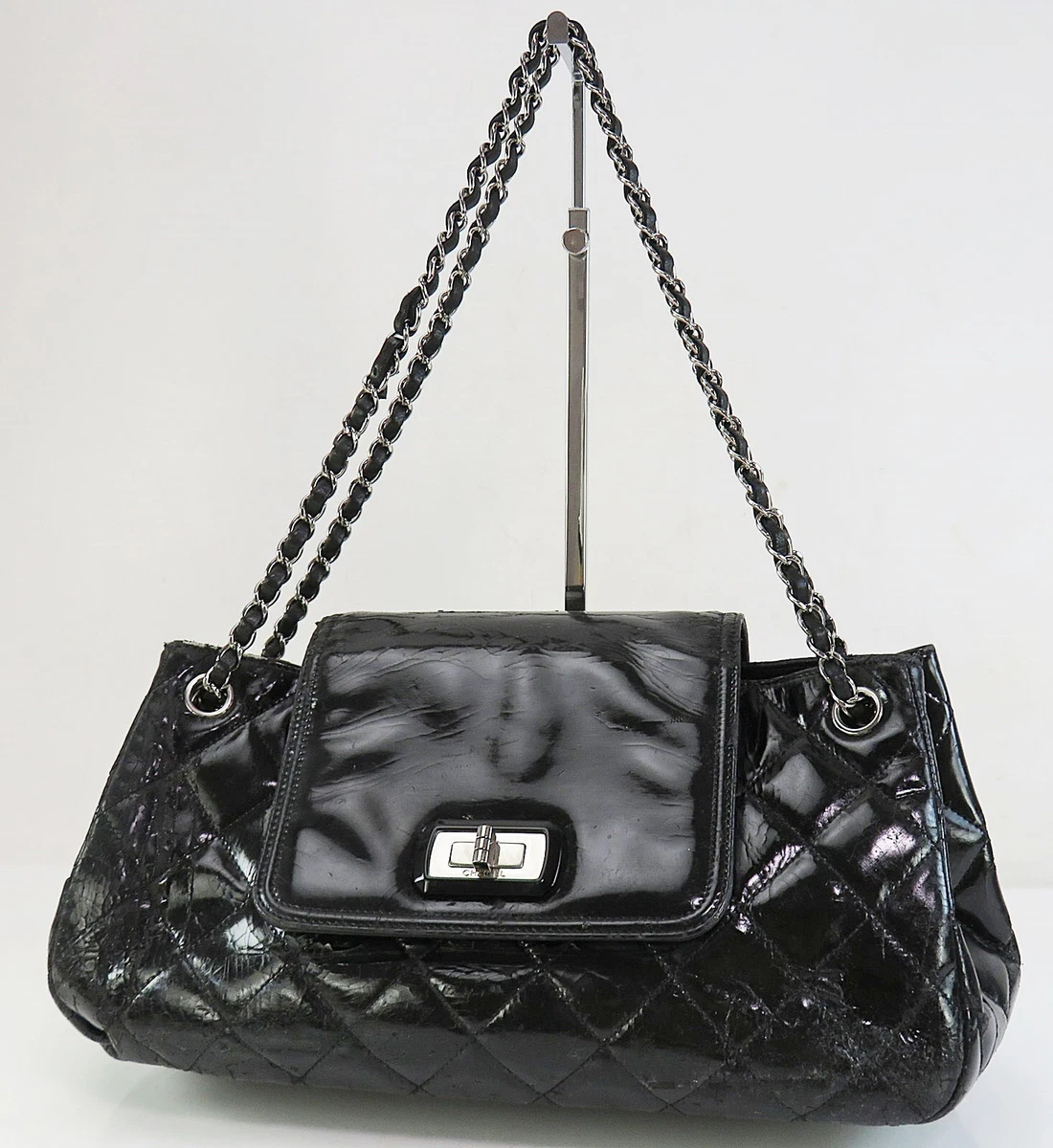 Authentic CHANEL Balck Quilted Patent Leather and Chain Tote Shoulder Bag  #52308