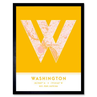 Washington USA Stadtplan Typografie gerahmter Wandkunstdruck 12 x 16 Zoll
