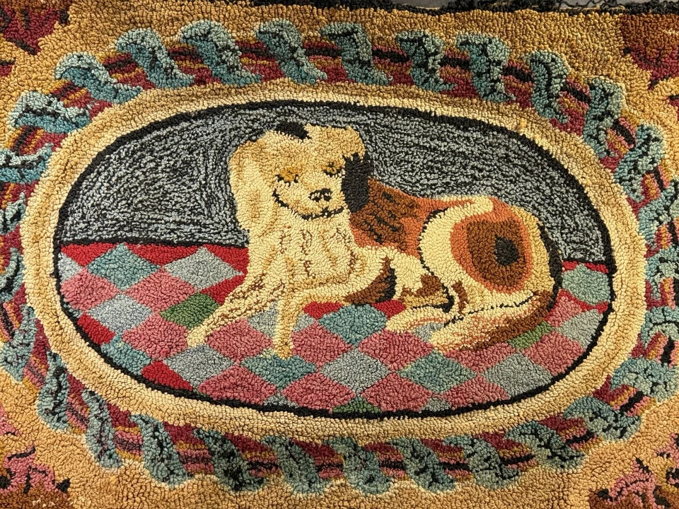Early Antique Primitive Folk Art Hooked Rug w/ Spaniel Dog - Image 2 of 4