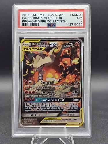 2019 POKEMON SM BLACK STAR PROMO #SM201 FULL ART/RESHIRAM & CHARIZARD GX PSA 7