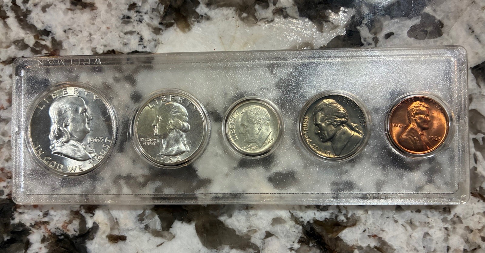 5 COIN 1963 PROOF SET WITH SILVER FRANKLIN; WASHINGTON AND ROOSEVELT ...