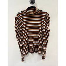 Veronica Beard Striped Ribbed Puff Sleeve Turtleneck Top Size L