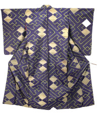 Vintage Japan Meisen Kimono Royal Lila Geometrisches Muster Seide Freizeit...