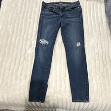 Women's Distressed Skinny Jeans Medium Wash Blue Denim Button Zip 5-Pocket
