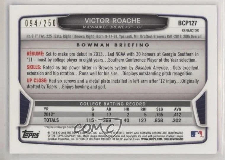 2013 Bowman Chrome Prospects Blue Refractor /250 Victor Roache #BCP127 - Image 2 of 2