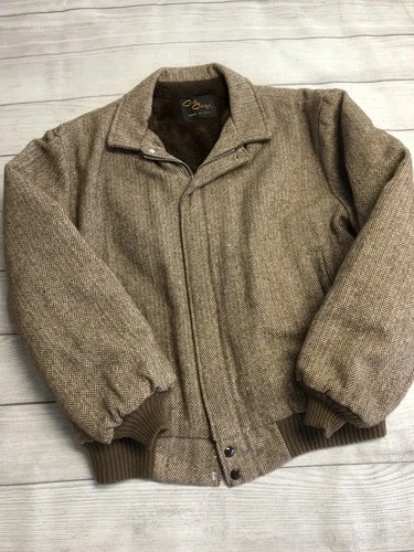 Vintage Cal Craft Jacket Mens Large Brown Herringbone Bomber Faux Fur Lined USA - product listing photo