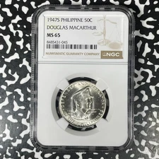 1947-S Philippines MacArthur 50 Centavos NGC MS65 Lot#G1373 Silver! Gem BU!
