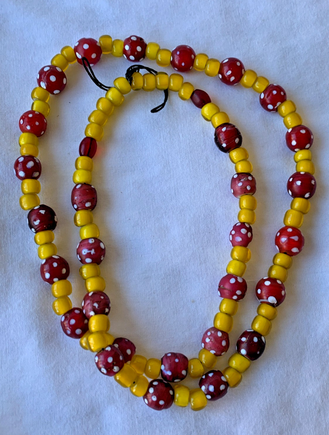 Old Venetian Trade Beads Red Polka Dot Skunk  & Yellow White Heart 29" Strand