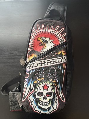 New! ED HARDY Tattoo Style Eagle & Skull Sunburst One Strap SLING Backpack F/S!!