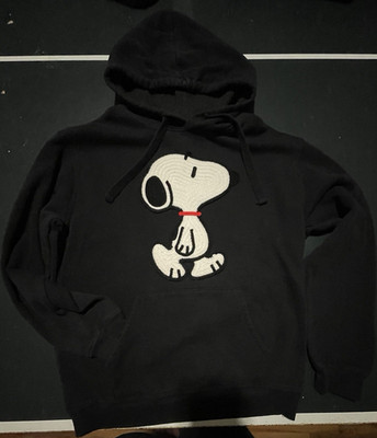 Peanuts Snoopy Hoodie Medium Black Chenille Embroidered Graphic Pullover 2023