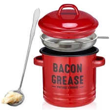 Bacon Grease Container with Strainer - Large 46OZ Red Kitchen Oil Storage Can...