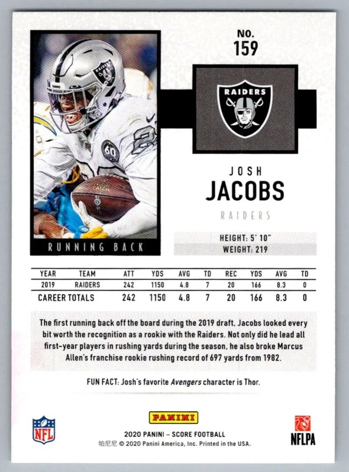 2020 Score Josh Jacobs Las Vegas Raiders #159 - Image 2 of 2