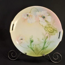 RS Germany Cake Plate 2 Handled 10" Hand Painted White Poppies w/Gold 1910-1945