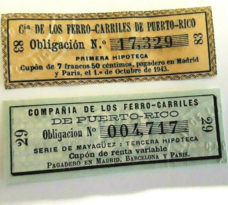 2 BILLETE Tren Franco Español PUERTO RICO Train Bond Scrip Transit Token Trolley