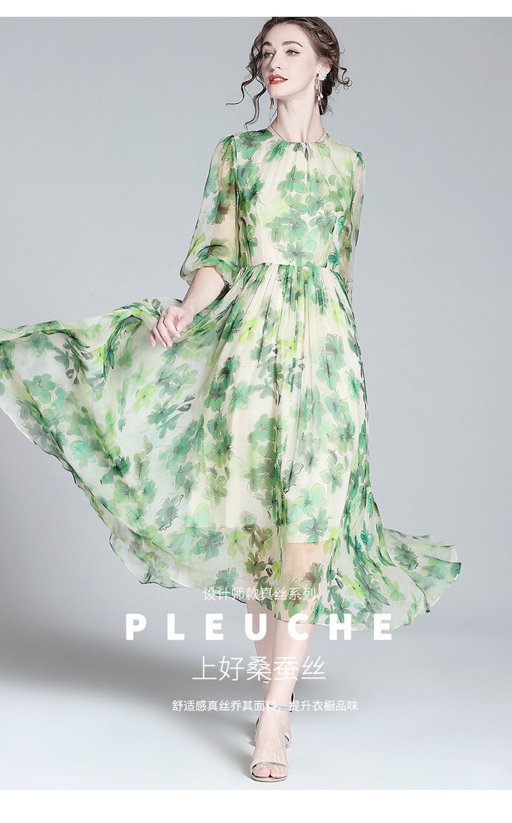 Lady Summer Real Silk Dress New French Long Skirt Silk Green Floral A-Line Dress