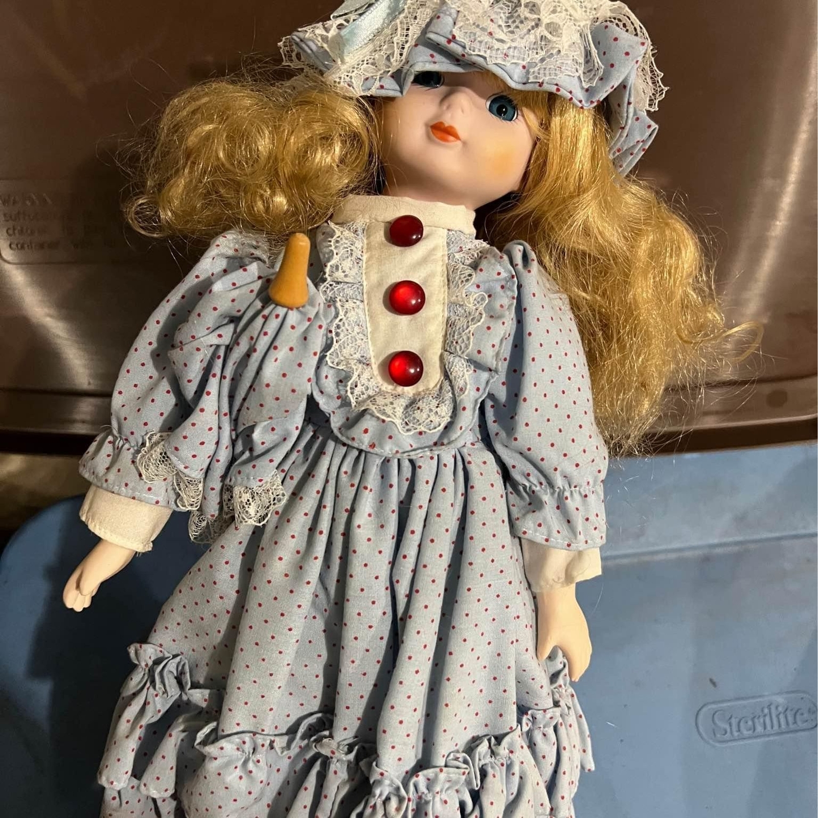 Porcelain Doll in blue Victorian dress
