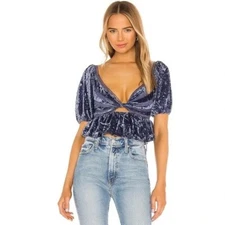 Free People Yours Truly Blue Velvet Peplum Crop Blouse Top Medium