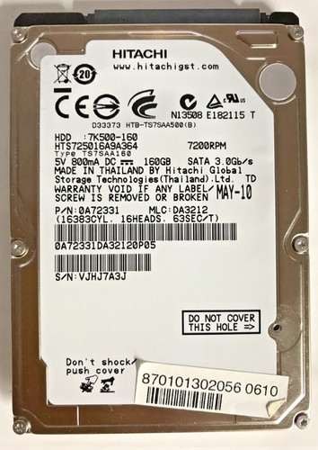 160 GB SATA NOTEBOOK FESTPLATTE HITACHI  HTS725016A9A364 2,5'' ZOLL #NFP615