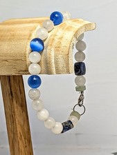 Niebiesko-biała bransoletka z koralików kamień naturalny kot oko szkło srebrne zapięcie ręcznie robione