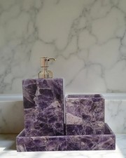 Luxury Amethyst Gemstone Bathroom Set   Handcrafted 3-Piece Purple Marble Soap D