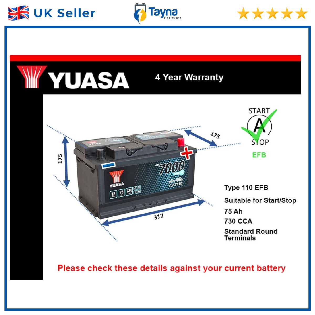EFB Car Battery fits JEEP RENEGADE CHEROKEE LIBERTY GRAND CHEROKEE Yuasa - Image 36