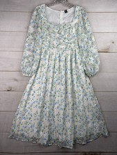 SheIn Dress S Floral Prairie Cottagecore Ruched Bodice Flowy Midi Sheer Overlay